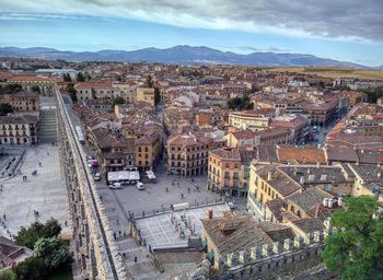 Ancient roman aqueduct in the plaza del azoguejo in segovia, spain.