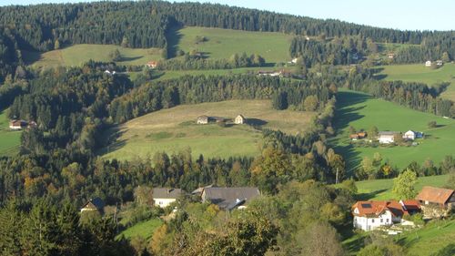 Spatial planning and architecture, scattered settlement in the countryside, hilly and green