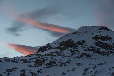 Scenic view of snow covered mountains against sky during sunset