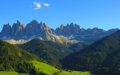 Scenic view of mountains against clear blue sky