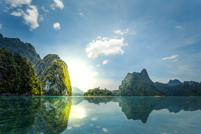 Panoramic view of lake and mountains against sky