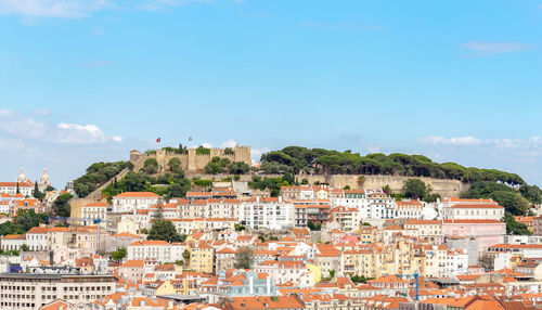 Buildings in town against sky