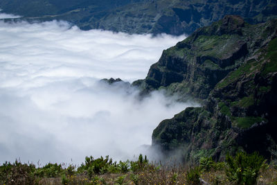 Scenic view of waterfall against sky