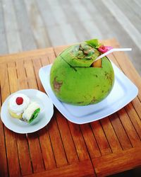 High angle view of dessert in plate on table