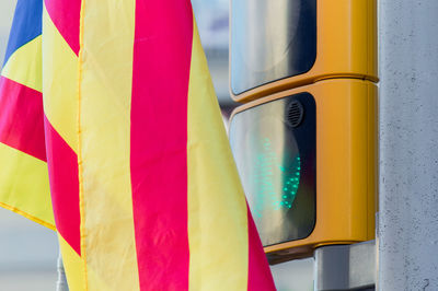 Close-up of multi colored flags on wall