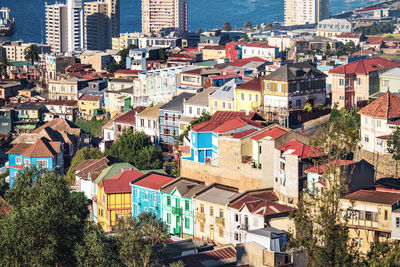 High angle view of buildings in city