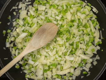 High angle view of chopped vegetables in pan