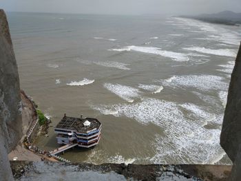 High angle view of boat in sea against sky