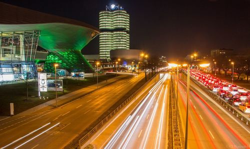 Light trails on road at night