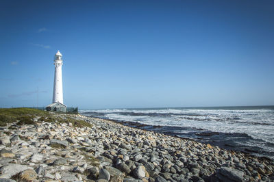 Lighthouse by sea against blue sky