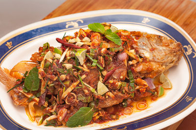 High angle view of food served in plate