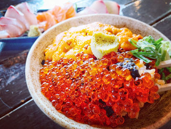 Close-up of breakfast served on table