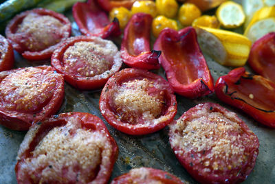 High angle view of stuffed red bell pepper on table