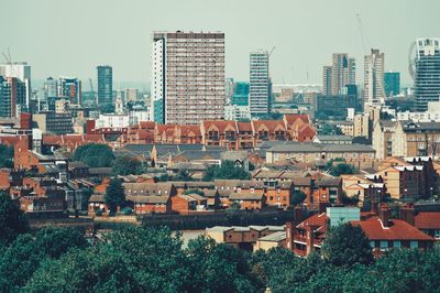 High angle shot of townscape against clear sky