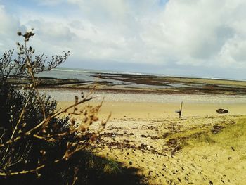 Scenic view of beach against cloudy sky