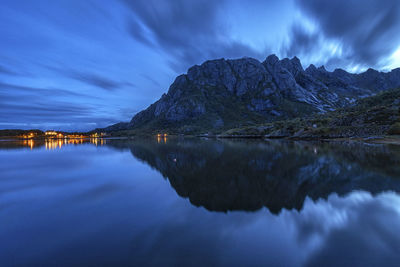 Scenic view of lake against sky at dusk, in the lofoten island