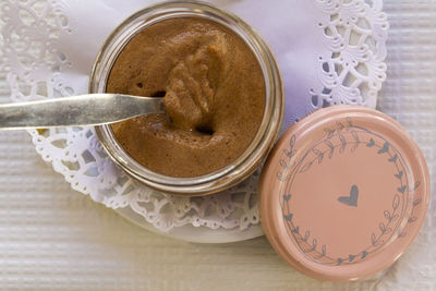 High angle view of drink in jar on table