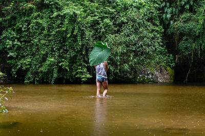 Rear view of man walking on wet tree