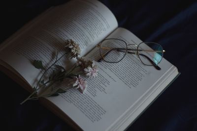 High angle view of open book on table