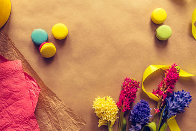 High angle view of multi colored balloons on table