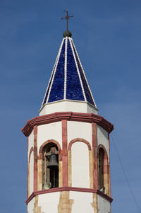 Low angle view of old building against clear blue sky