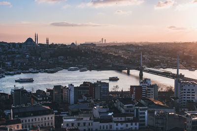 High angle view of river by buildings against sky during sunset