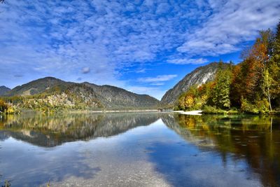 Scenic view of lake and mountains against sky