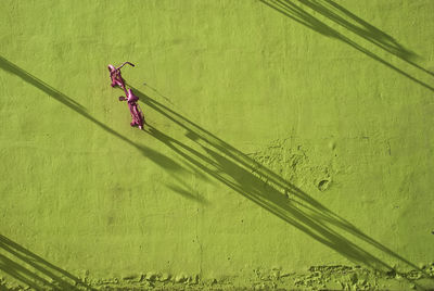 High angle view of a bicycle on wall