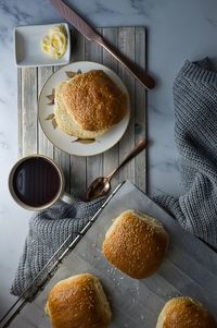 High angle view of breakfast on table