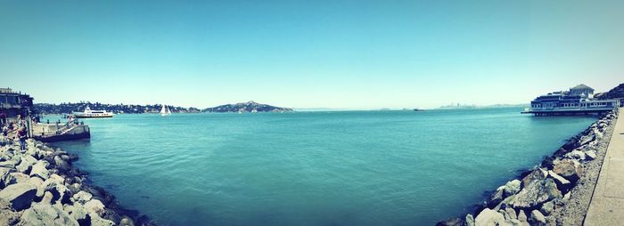 Panoramic view of bay against clear sky