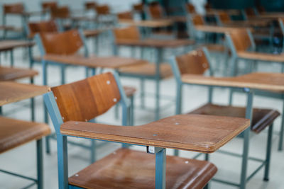 Close-up of empty chairs and table in cafe