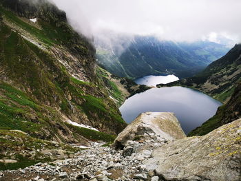 Scenic view of lake and mountains against sky