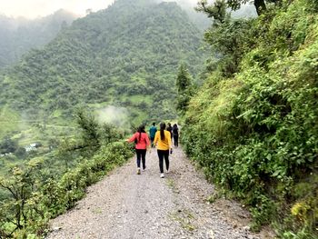 Rear view of people walking on mountain