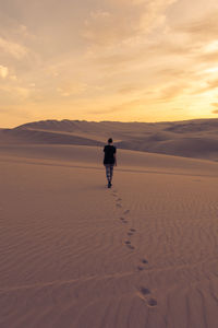 Rear view of woman walking in desert