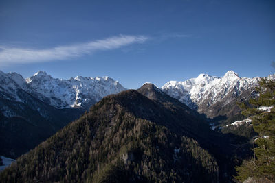 Scenic view of snowcapped mountains against blue sky