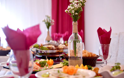 Close-up of meal served on table