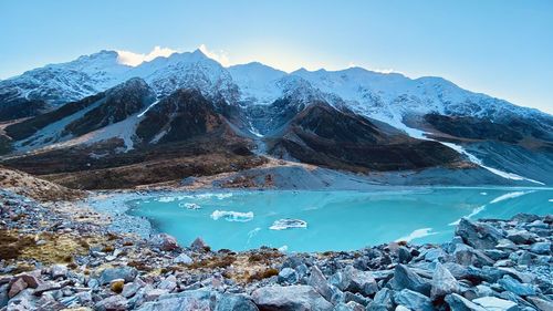 Scenic view of snowcapped mountains against sky