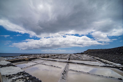 Scenic view of salt pans against sky