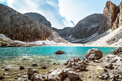 Antermoia lake in cantinaccio dolomites alps, val di fassa, trentino alto adige, italy