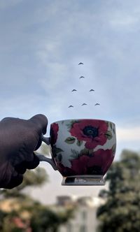 Close-up of hand holding bird flying against sky