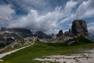 Panoramic view of dolomites rock formations on landscape 