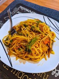 High angle view of noodles served in plate