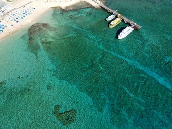 High angle view of ship moored in sea