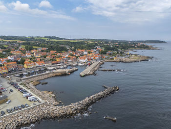 Aerial photo of allinge harbour and town, bornholm, denmark