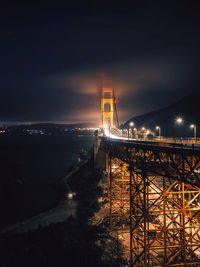 Illuminated suspension bridge at night