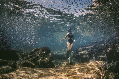 Woman wearing bikini swimming in sea