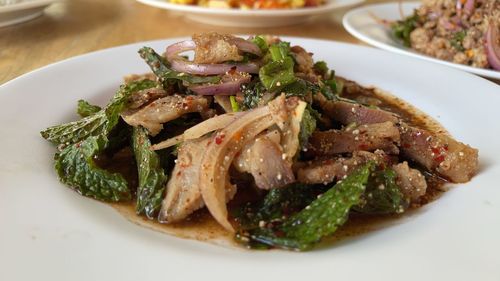 Close-up of food in plate on table
