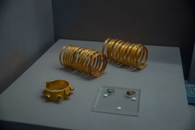 High angle view of coins on table