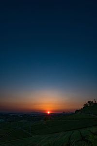 Scenic view of agricultural field against clear sky at sunset