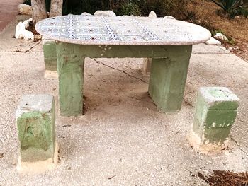 High angle view of old table in park